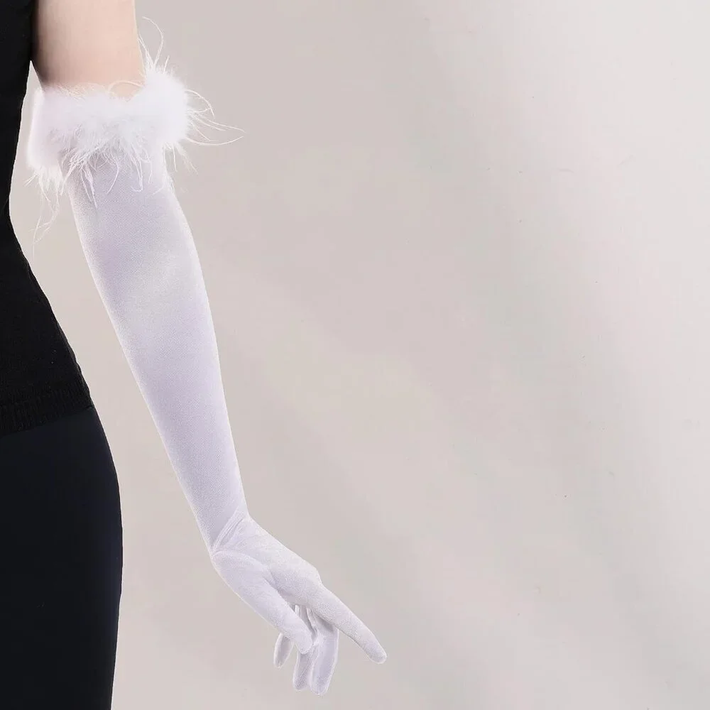 Women's Evening White Feather Long Satin Gloves Stretchy Elbow Halloween Costume